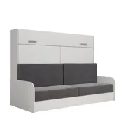 armoire lit escamotable vertigo sofa structure accoudoirs blanc tissu gris 140*200 cm