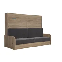 armoire lit escamotable vertigo sofa structure accoudoirs chêne tissu gris 140*200 cm