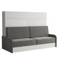 armoire lit escamotable vertigo sofa blanc accoudoirs + canapé tissu gris 140*200 cm