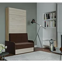 armoire lit escamotable dynamo sofa chêne canapé accoudoirs tissu marron 90*200 cm