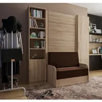 composition lit escamotable dynamo sofa accoudoirs chêne tissu marron 90*200 cm l : 205 cm