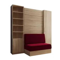 composition lit escamotable dynamo sofa accoudoirs chêne tissu rouge 90*200 cm l : 205 cm