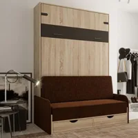 lit escamotable style industriel key  sofa chêne 140*200 cm canapé tiroirs accoudoirs marron