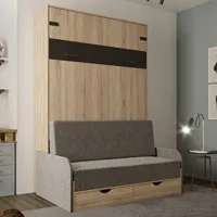 lit escamotable style industriel key  sofa chêne canapé accoudoirs tissu gris 140*200 cm