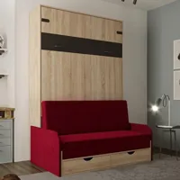 lit escamotable style industriel key  sofa chêne canapé accoudoirs tissu rouge 140*200 cm