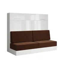 armoire lit escamotable vertigo sofa façade blanc brillant canapé marron couchage 160*200 cm