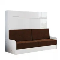 armoire lit escamotable vertigo sofa accoudoirs façade blanc brillant canapé marron 160*200 cm
