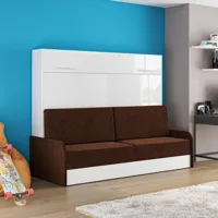 armoire lit escamotable vertigo sofa façade blanc brillant canapé accoudoirs marron 160*200 cm