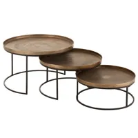 set de 3 tables gigognes ronde rouk en aluminium cuivré et métal noir