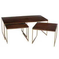 table basse salon 3 parties bior en bois de manguier brun foncé et métal doré