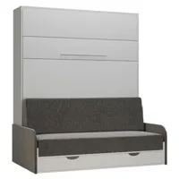 armoire lit escamotable kompact sofa blanc mat canapé tiroirs accoudoirs tissu gris 160*200 cm