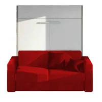 armoire lit à ouverture assistée traccia structure blanche canapé intégré accoudoirs larges tissu rouge couchage 160cm