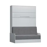 armoire lit escamotable kompact viardo sofa canapé accoudoirs blanc mat tissu gris couchage 140*200 cm