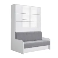 armoire lit escamotable sofa automatica 140 cm façade laquée blanc brillant canapé microfibre gris