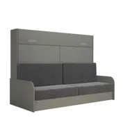 armoire lit escamotable vertigo sofa accoudoirs bois gris canapé tissu gris 140*200 cm