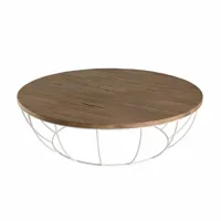 table basse sixtine ronde en bois finition teck recyclé piétement blanc