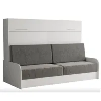 armoire lit escamotable vertigo sofa structure accoudoirs blanc tissu gris 160*200 cm