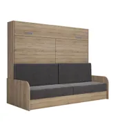 armoire lit escamotable vertigo sofa structure accoudoirs chêne tissu gris 160*200 cm