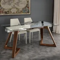 table repas extensible gaudi plateau en verre piétement bois massif teinté noyer 160/240 x 90 cm