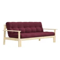 canapé convertible futon unwind pin naturel coloris bordeaux couchage 130 x 190 cm.