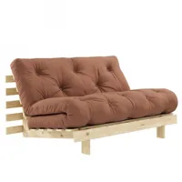 canapé convertible futon roots pin naturel tissu brun argile couchage 160*200 cm