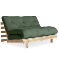 canapé convertible futon roots pin naturel tissu vert olive couchage 160*200 cm
