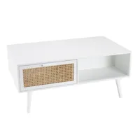 table basse andros blanc cannage naturel 2 tiroirs 1 niche
