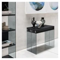 table console extensible 45 à 225 cm stef 8 couverts piétement verre fumé plateau noir