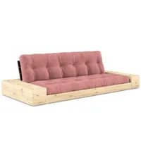 canapé lit futon base rose sorbet couchage 130cm dossiers noirs et accoudoirs coffres