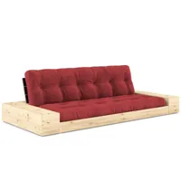 canapé lit futon base rouge couchage 130cm dossiers noirs et accoudoirs coffres