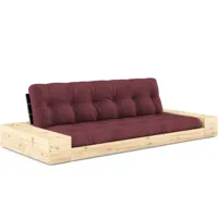 canapé lit futon base bordeaux couchage 130cm dossiers noirs et accoudoirs coffres
