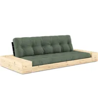 canapé lit futon base vert olive couchage 130cm dossiers noirs et accoudoirs coffres