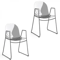 lot de 2 chaises avec accoudoirs  academy pieds métal assise plastique gris transparent