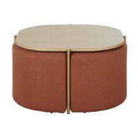 table basse avec 4 poufs en polyester recyclé marron écureuil et métal doré