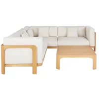 ensemble canapé d'angle de jardin 5/6 places en bois d'eucalyptus et polyester recyclé écru avec table basse