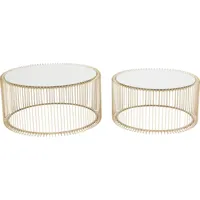 2 tables basses rondes en acier doré et verre miroir