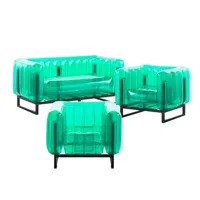 salon de jardin design 1 canapé et 2 fauteuils verts cadre aluminium