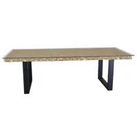 table en bois flotté avec plateau verre et pieds en métal noir 250cm