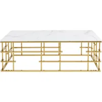 table basse en verre effet marbre blanc et acier doré
