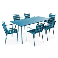 ensemble table de jardin et 6 fauteuils en métal bleu pacific
