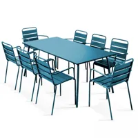 ensemble table de jardin et 8 fauteuils en métal bleu pacific