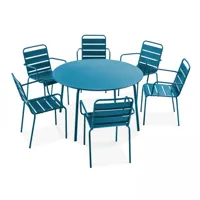 ensemble table de jardin ronde et 6 fauteuils acier bleu pacific