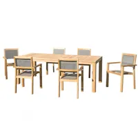 table de jardin et chaises en teck et textilene taupe 6/8 personnes