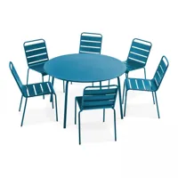 ensemble table de jardin ronde et 6 chaises en métal bleu pacific