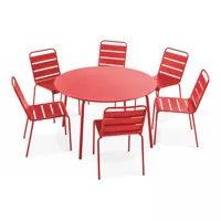 ensemble table de jardin ronde et 6 chaises en métal rouge