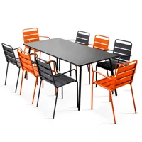 ensemble table de jardin et 8 fauteuils en métal orange et gris