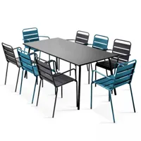 ensemble table de jardin et 8 fauteuils en métal bleu pacific et gris