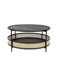 table basse ronde en bois et cannage d80cm noir