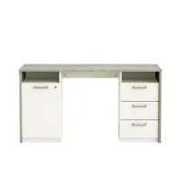 bureau 1 porte et 3 tiroirs l145 cm - décor gris béton et blanc