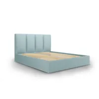 lit coffre avec tête de lit 140x200 cm en tissu structuré bleu clair